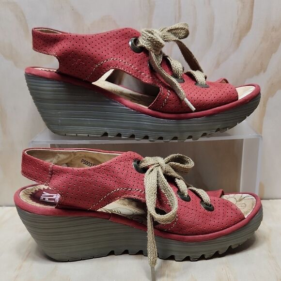 Fly London Ylfa Red Tan Wedge Sandals Women 11 US 42EU Laces 2.5" Heel Open Toe - Picture 2 of 8